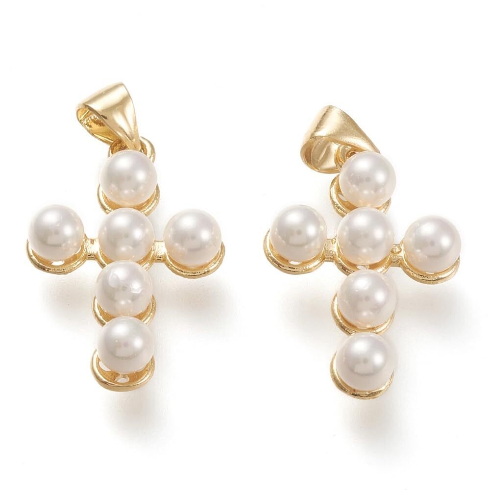 4802 5 Pcs Shell Pearl Cross Charms - White Crucifix Shaped Religious